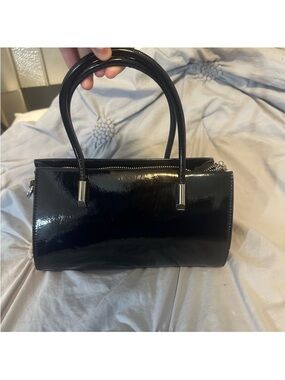 Melie Bianco Black Patent Barrel Mini Handbag